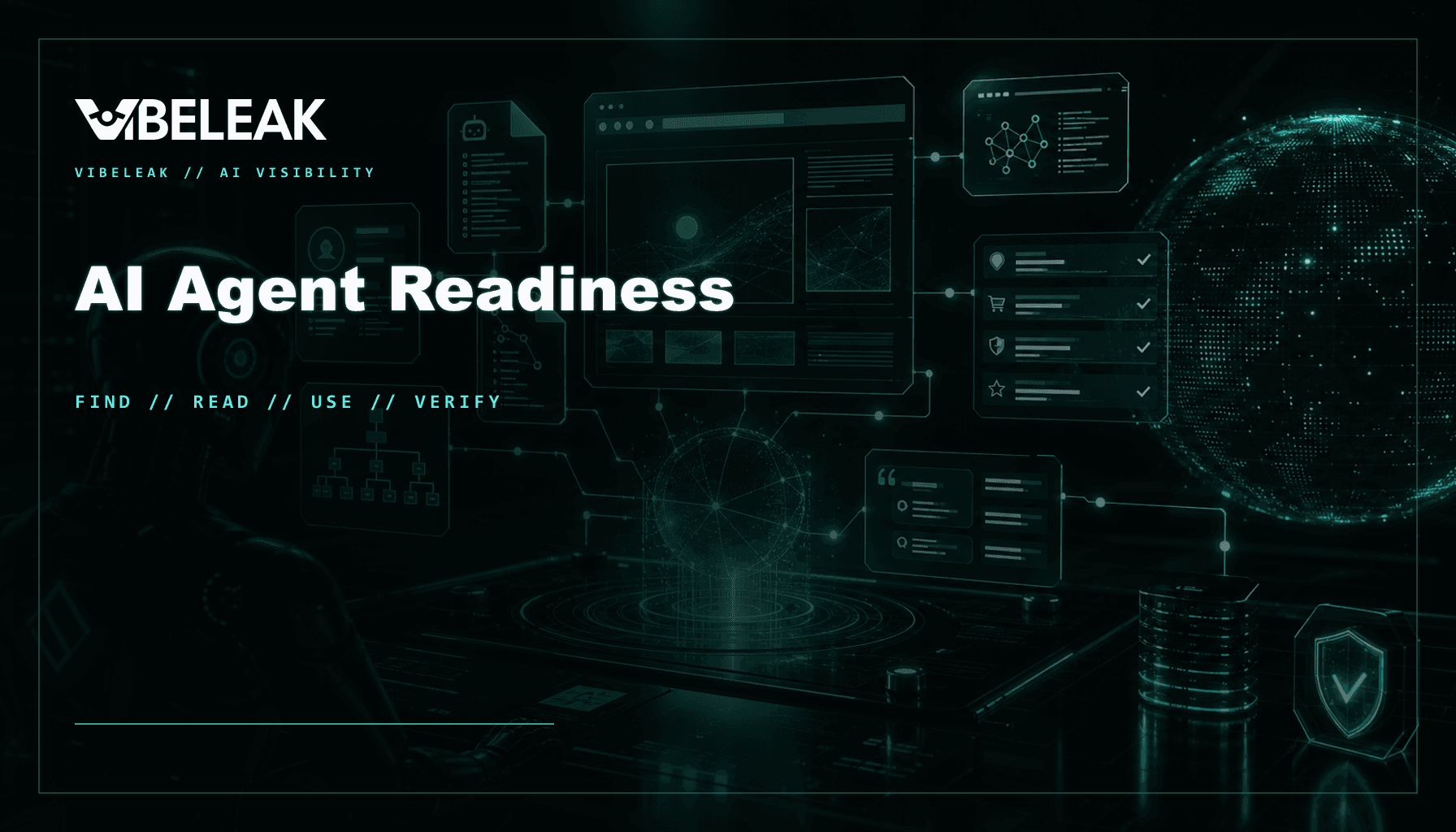 Terminal-style AI agent readiness visual showing discovery, content, protocol, and proof checks.