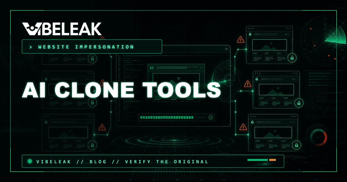 Terminal-style visual showing a cloned website, warning symbols, lock icons, and VibeLeak verification branding.