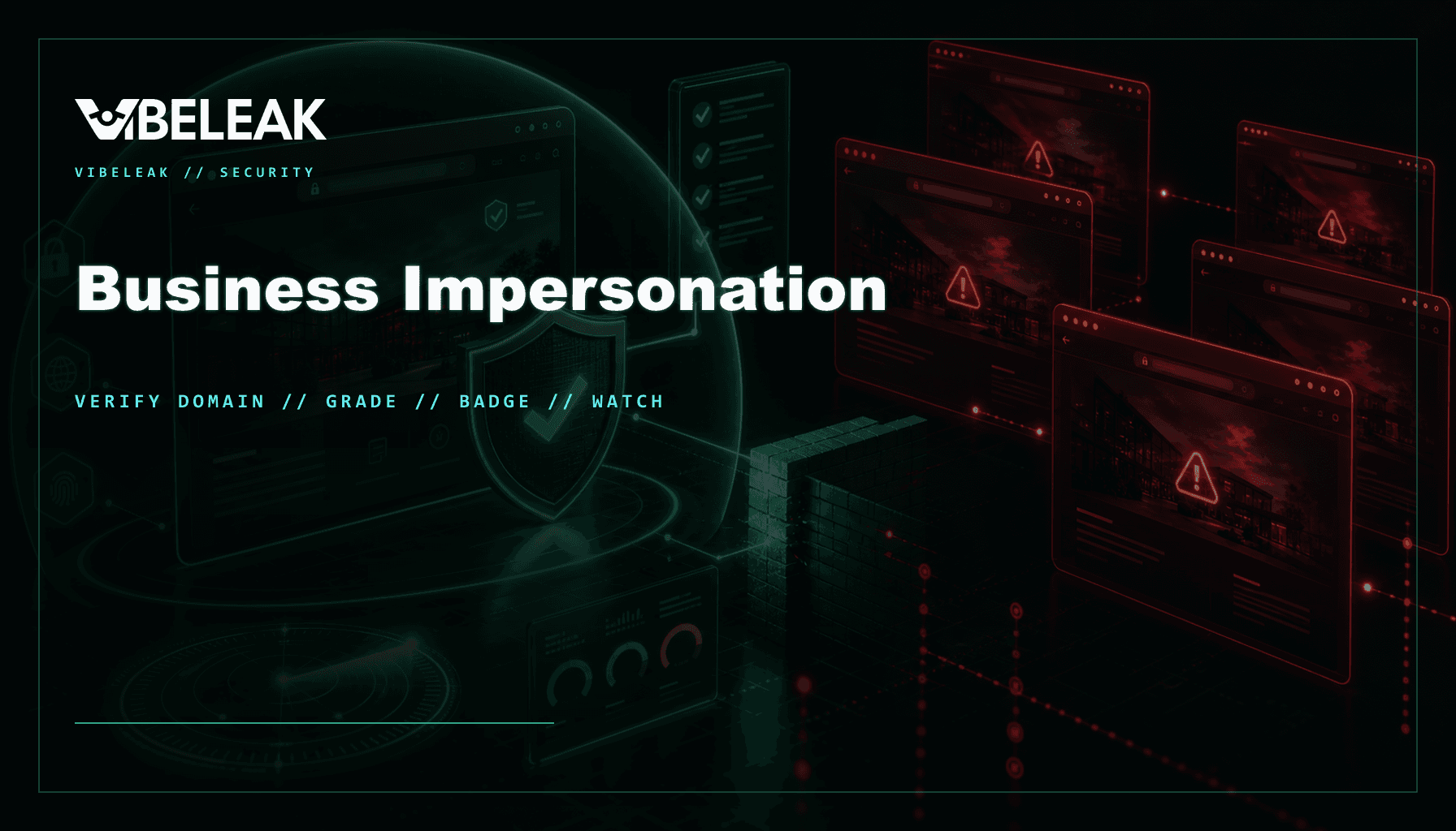 Terminal-style business impersonation visual showing domain proof, live badge verification, and Score Watch.