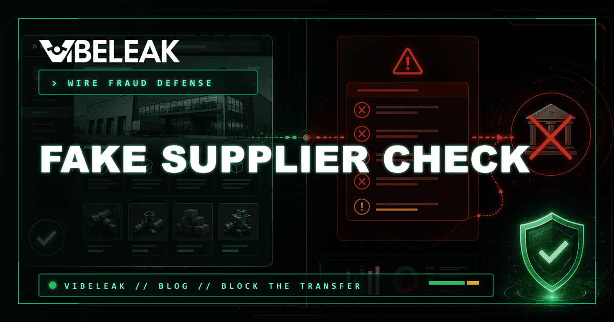 Terminal-style supplier verification checklist showing the five-step fraud prevention process.
