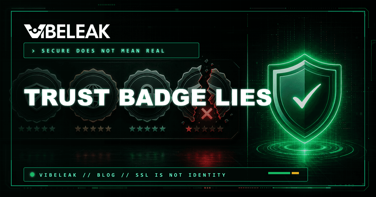 Terminal-style comparison of cracked security badges beside a glowing VibeLeak verification shield.