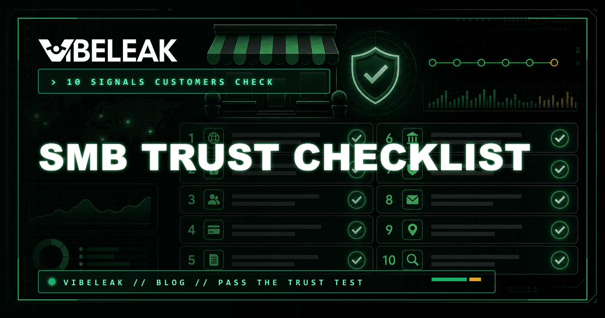 Terminal-style trust checklist showing ten small business verification items with green checkmarks.